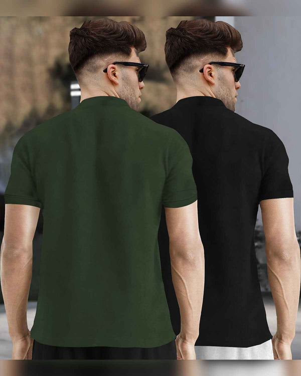 (Pack Of 2) Half Sleeve Men Henley Neck T-shirts / Olive & Black
