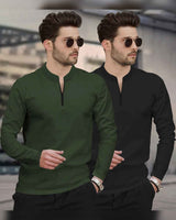 (Pack Of 2) Full Sleeve Henley Neck T-shirts / Olive & Black