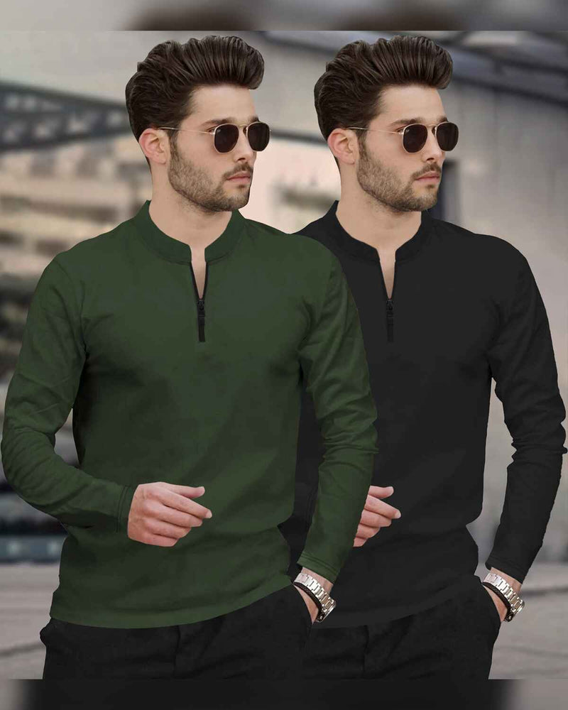 (Pack Of 2) Full Sleeve Henley Neck T-shirts / Olive & Black