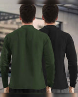 (Pack Of 2) Full Sleeve Henley Neck T-shirts / Olive & Black