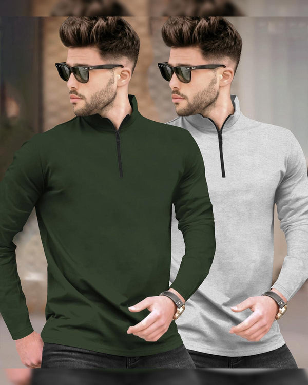 (Pack Of 2) Full Sleeve Men High Neck Plain T-shirts / Olive & Grey