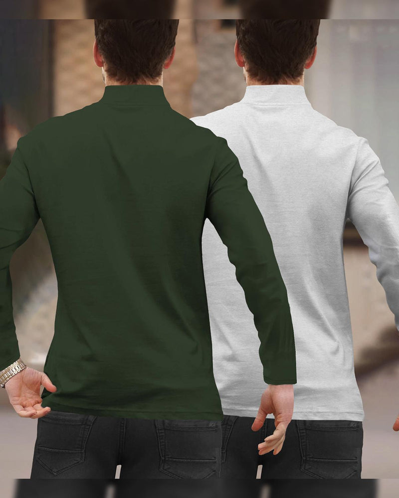 (Pack Of 2) Full Sleeve Men High Neck Plain T-shirts / Olive & Grey