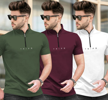 (Pack Of 3) High Neck Half Sleeve Plain T-shirts Multicolor