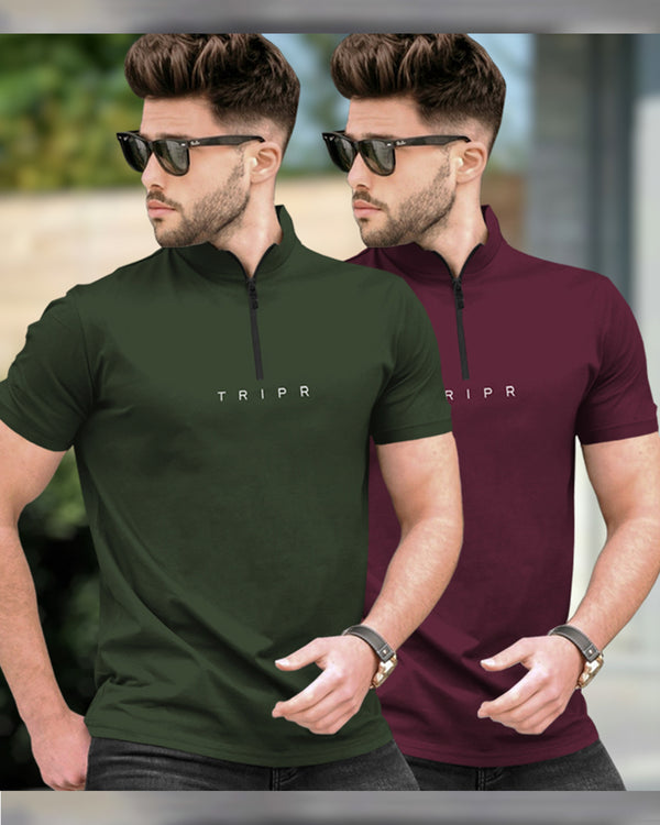 Mens High Neck Half Sleeve T-shirts (Pack Of 2) / Olive & Maroon