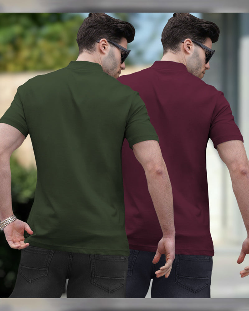 Mens High Neck Half Sleeve T-shirts (Pack Of 2) / Olive & Maroon