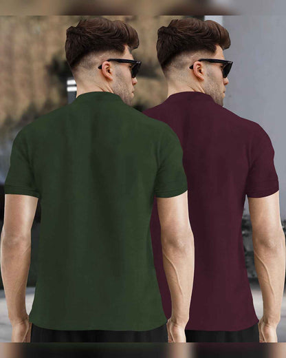 (Pack Of 2) Half Sleeve Men Henley Neck T-shirts / Olive & Maroon