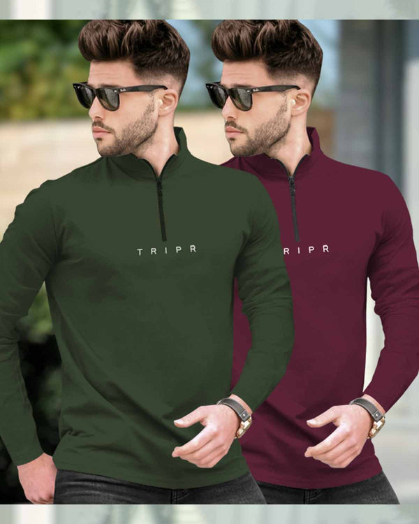 Mens High Neck Full Sleeve T-shirts (Pack Of 2) / Olive & Maroon