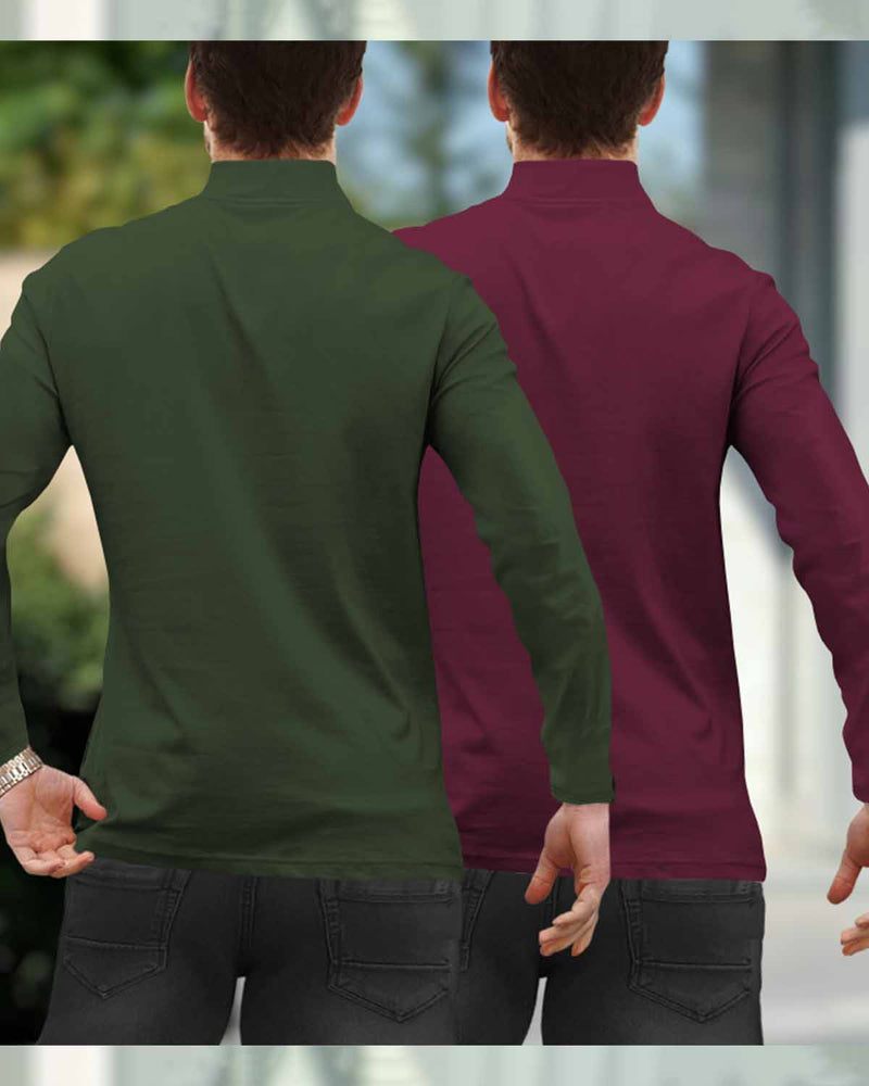 Mens High Neck Full Sleeve T-shirts (Pack Of 2) / Olive & Maroon