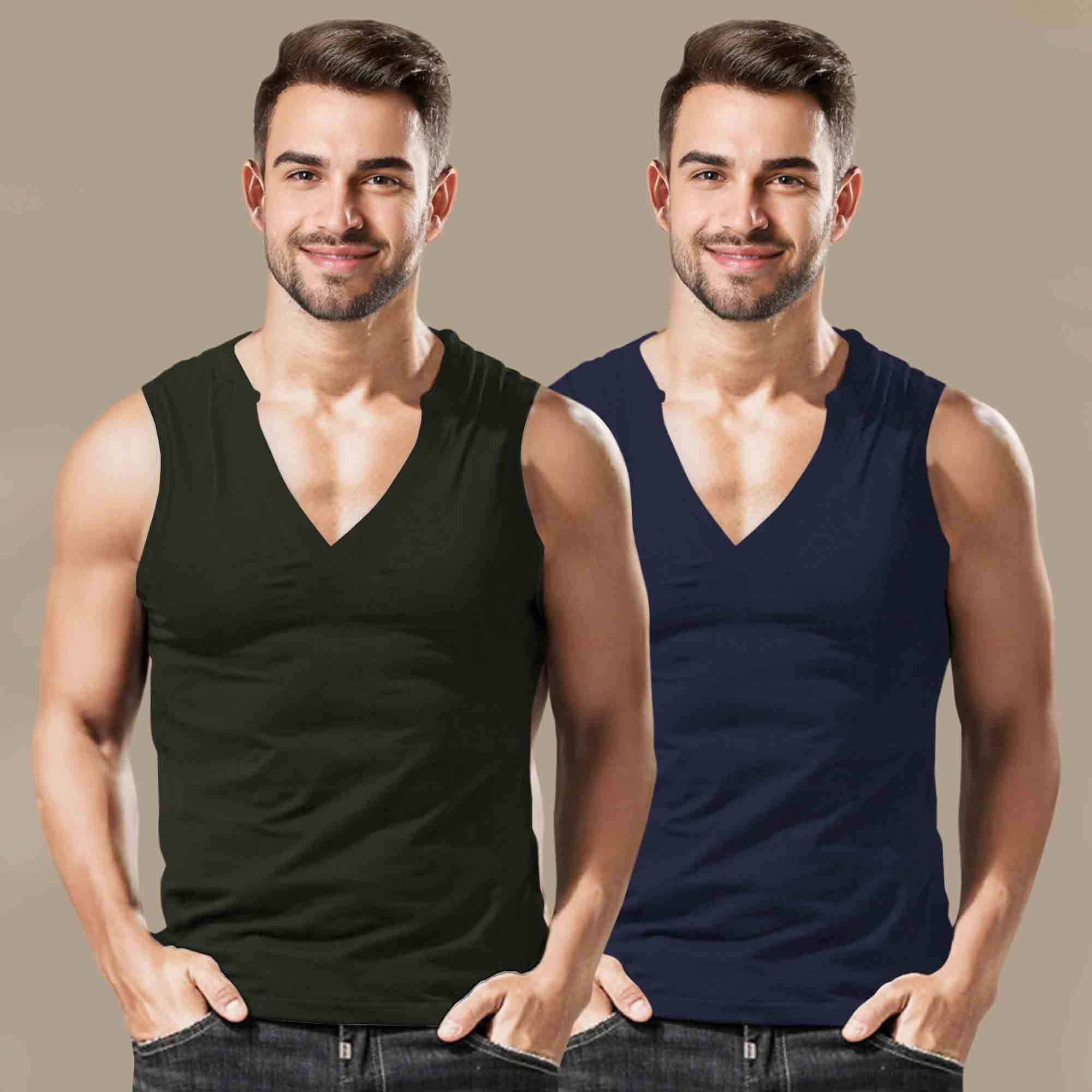 (Pack Of 2) Men Printed Top Tank Olive & Navy