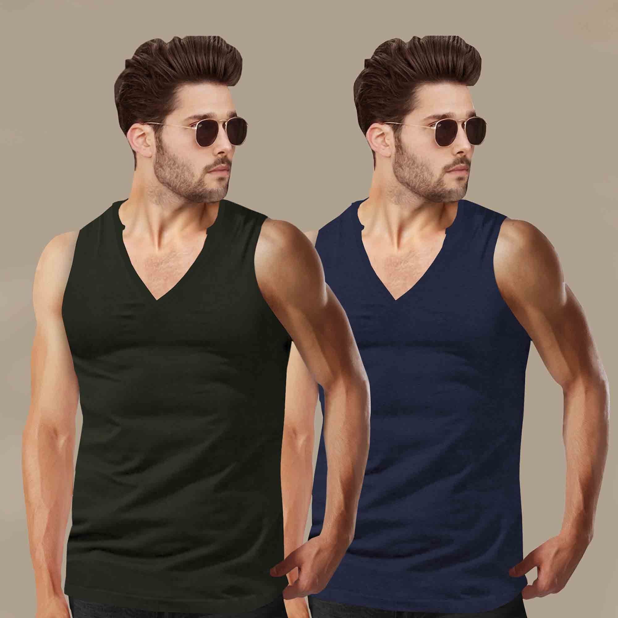 (Pack Of 2) Men Printed Top Tank Olive & Navy