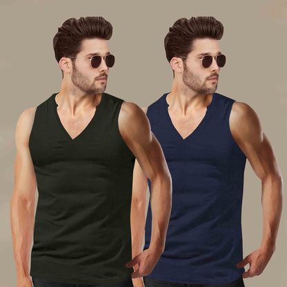 (Pack Of 2) Men Printed Top Tank Olive & Navy