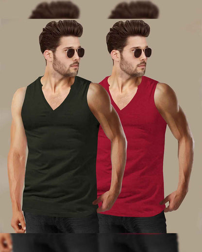 (Pack Of 2) Mens Plain V-Neck Vest / Olive & Red