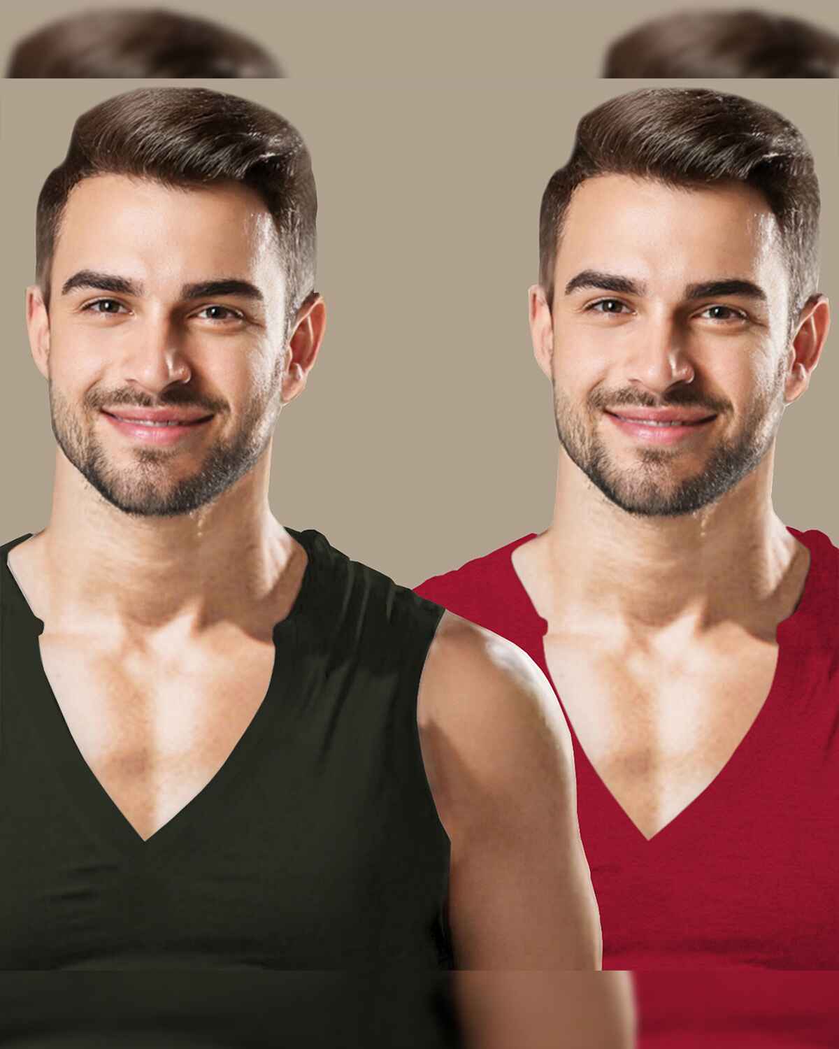 (Pack Of 2) Mens Plain V-Neck Vest / Olive & Red