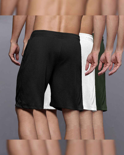 (Pack Of 3) Men Plain Olive-White-Black Waffle Shorts
