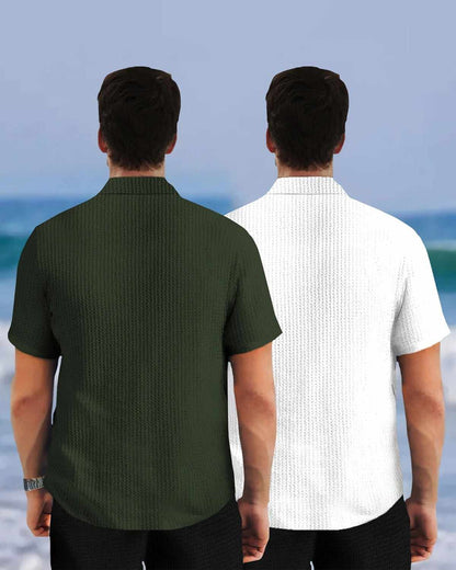 (Pack Of 2) Half Sleeve Plain Olive & White Contrast Waffle Shirts