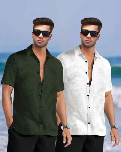 (Pack Of 2) Half Sleeve Plain Olive & White Contrast Waffle Shirts