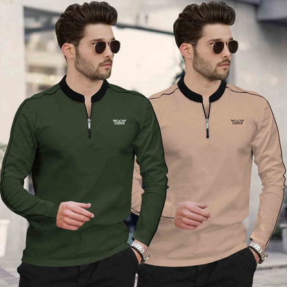 (Pack Of 2) Mandarin Neck Full Sleeve Multicolor Tshirts- 10 Variants