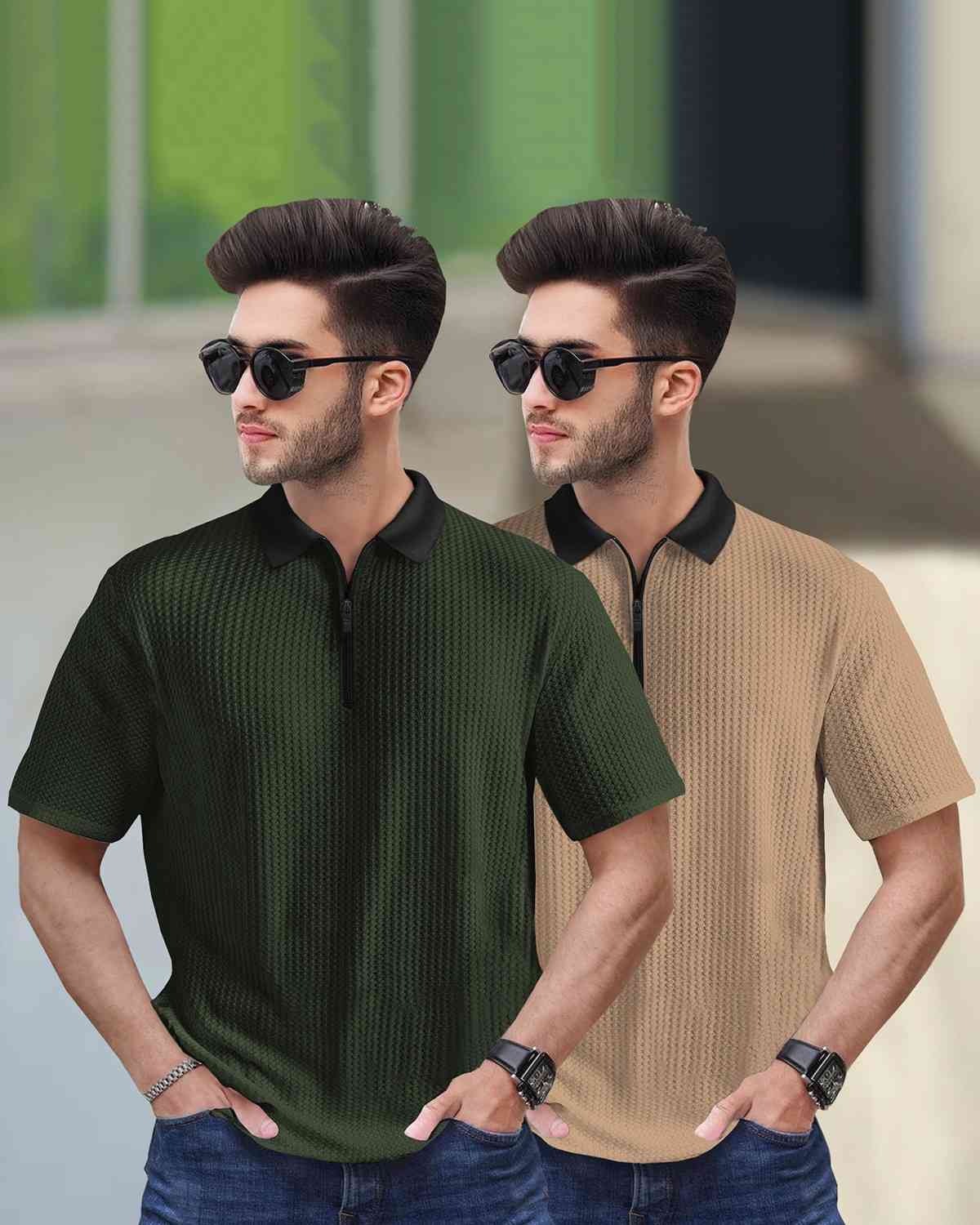(Pack Of 2) Men Olive & Beige Textured Polo Contrast Half Sleeve Waffle T-shirts