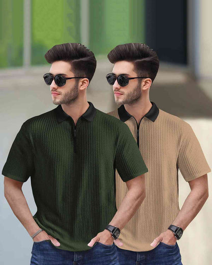 (Pack Of 2) Men Olive & Beige Textured Polo Contrast Half Sleeve Waffle T-shirts