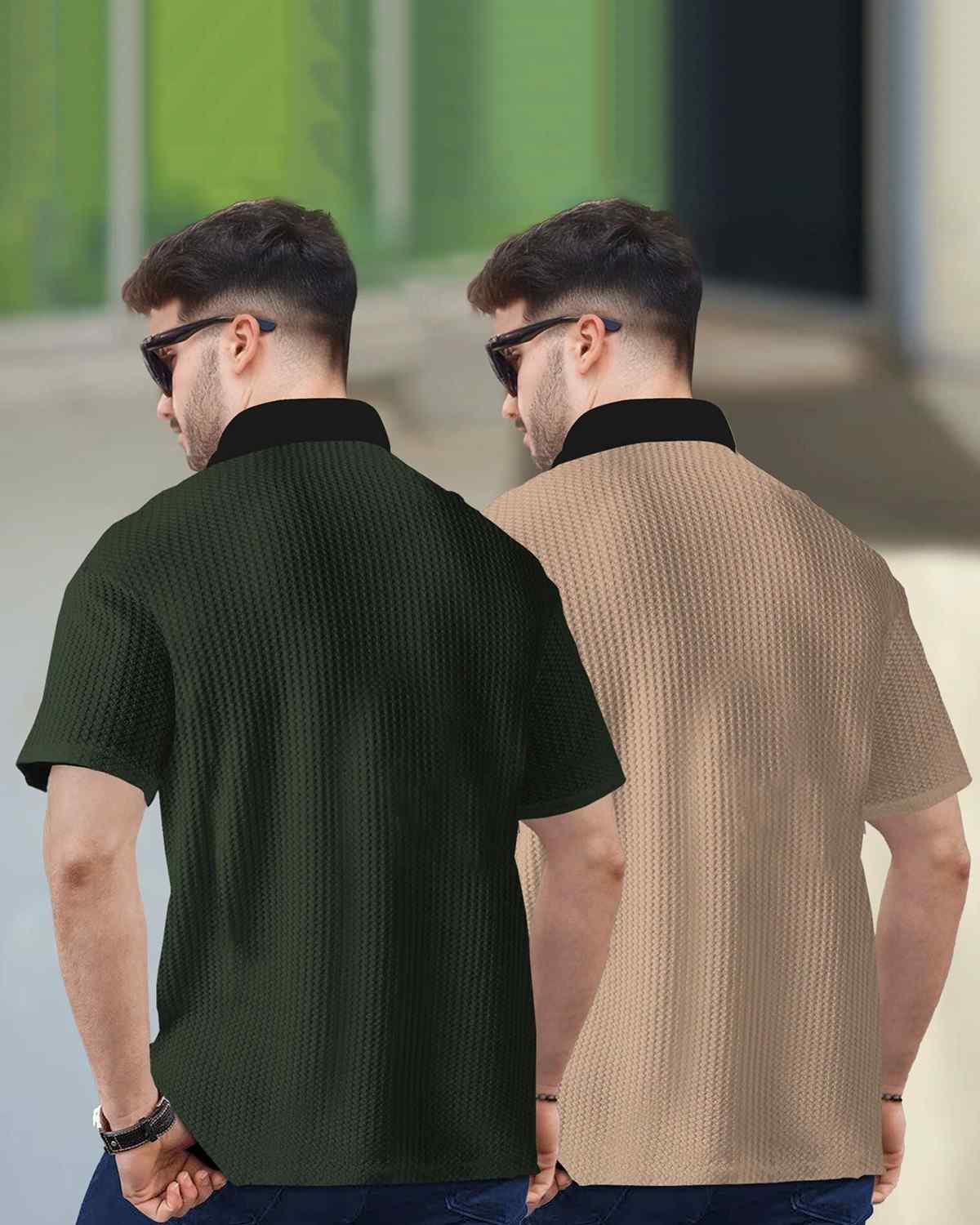(Pack Of 2) Men Olive & Beige Textured Polo Contrast Half Sleeve Waffle T-shirts