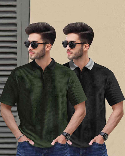 (Pack Of 2) Men Olive & Black Textured Polo Contrast Half Sleeve Waffle T-shirts