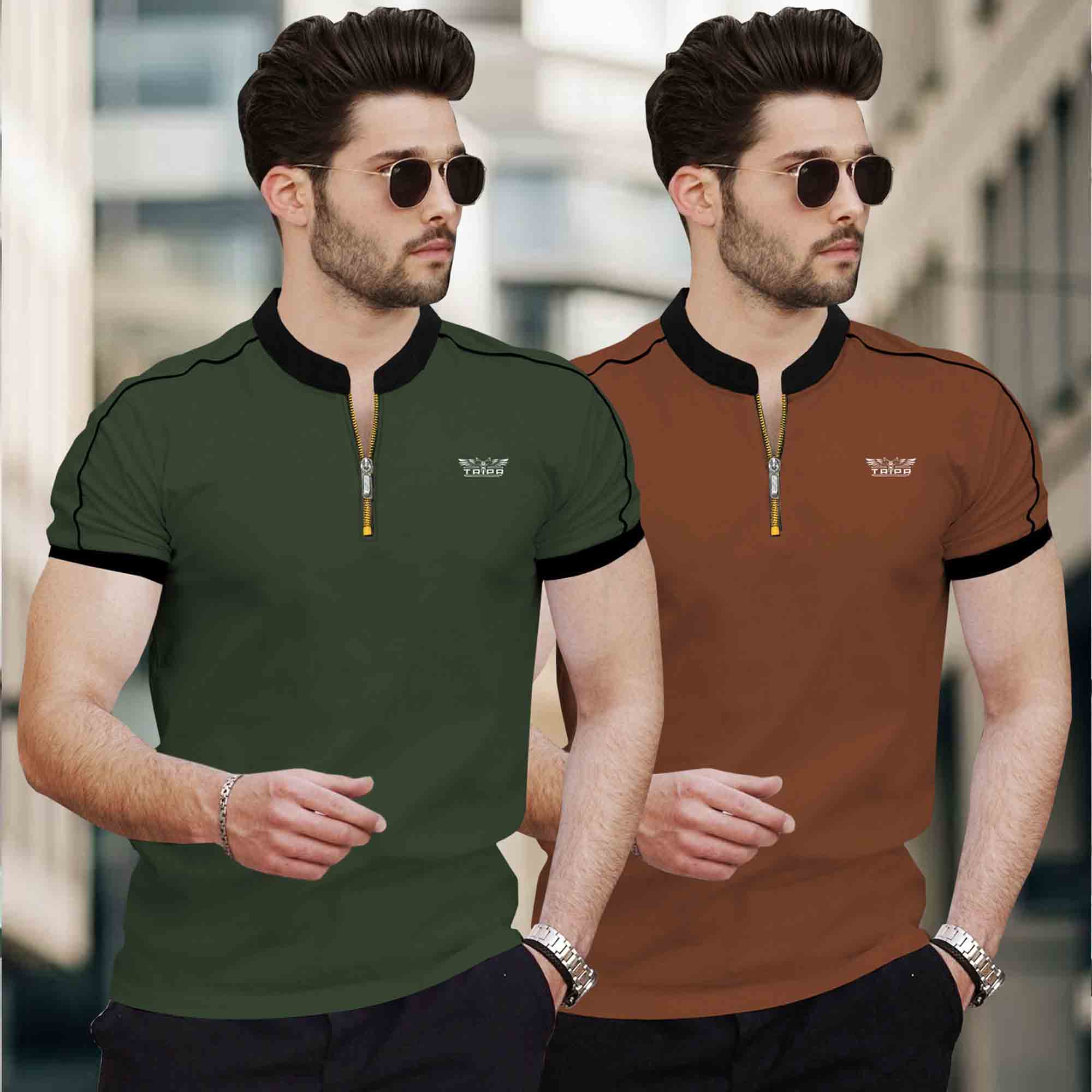 Men Pack of 2 Mandarin Collar Golden Zip Neck Combo Tshirts