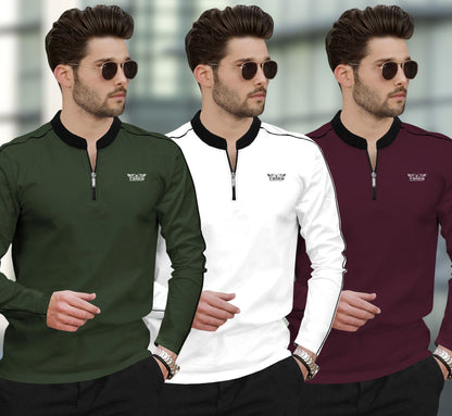 (Pack Of 3) Henley Neck Full Sleeve Colorblocked T-shirts