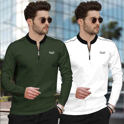 (Pack Of 2) Mandarin Neck Full Sleeve Multicolor Tshirts- 10 Variants