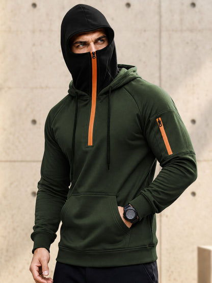 Mens Tactical Quarter-Zip Hoodie with Face Mask Sweatshirt Olivegreen