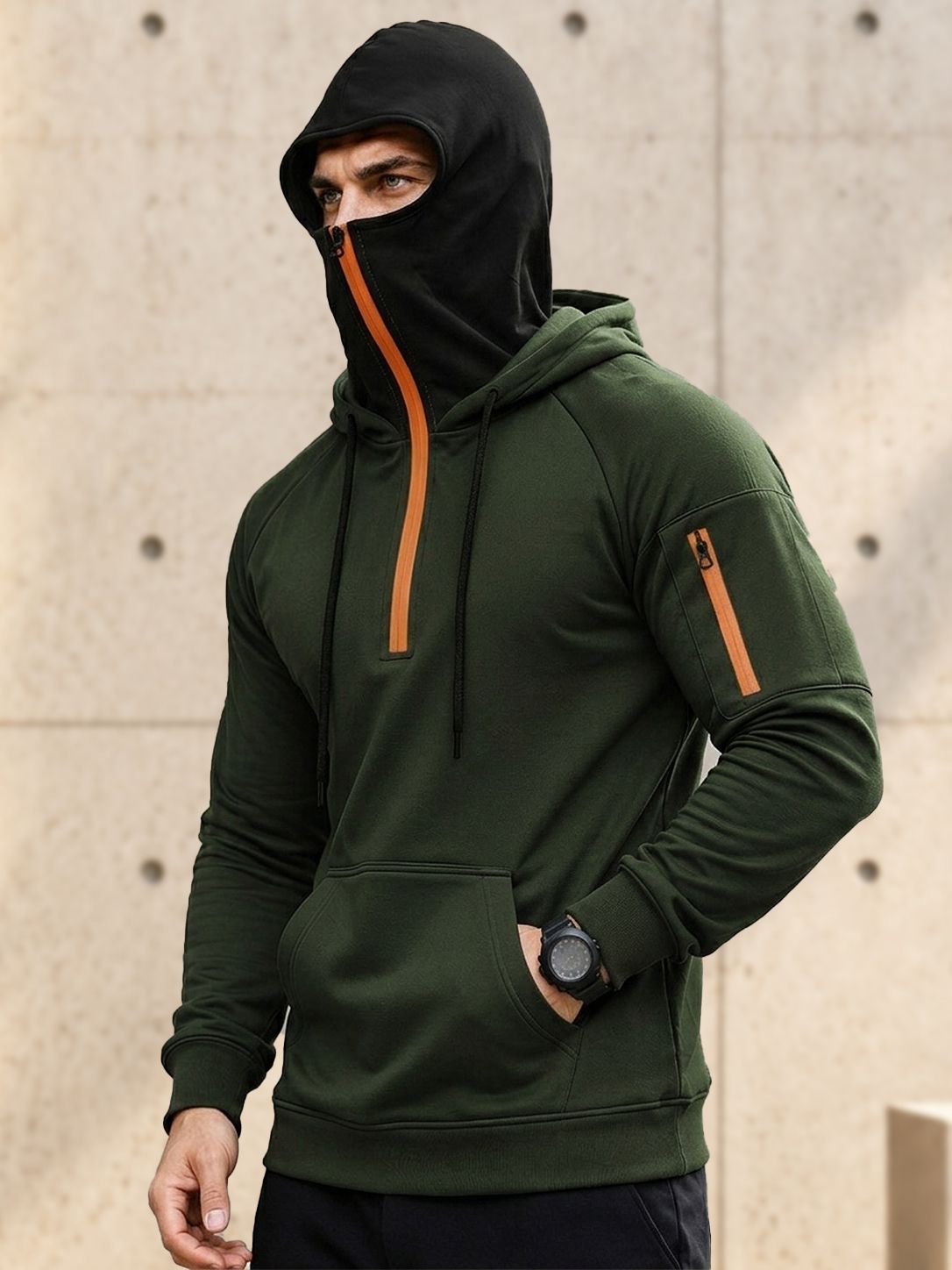 Mens Tactical Quarter-Zip Hoodie with Face Mask Sweatshirt Olivegreen