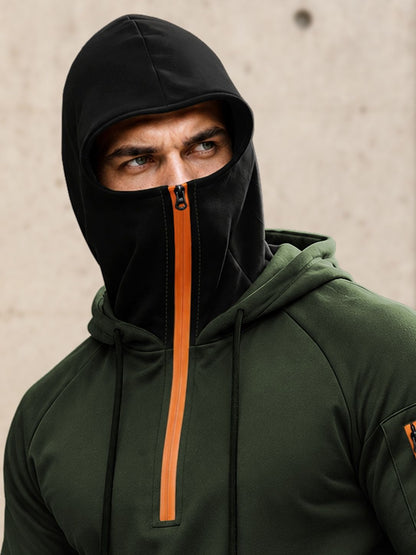 Mens Tactical Quarter-Zip Hoodie with Face Mask Sweatshirt Olivegreen