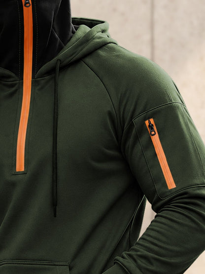 Mens Tactical Quarter-Zip Hoodie with Face Mask Sweatshirt Olivegreen