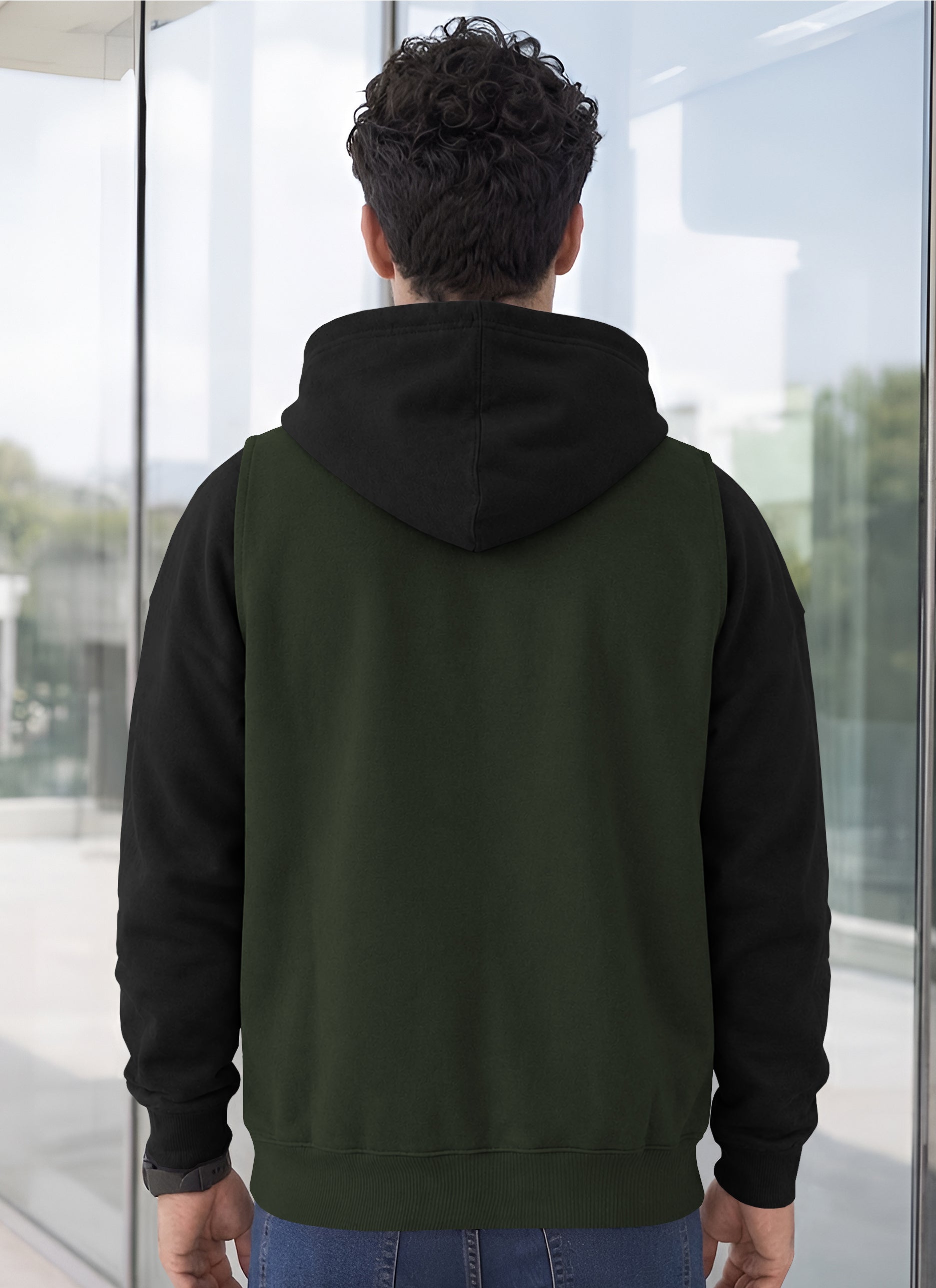 Mens Full Sleeve Two-Tone Casual Pullover Hoodie Olivegreen