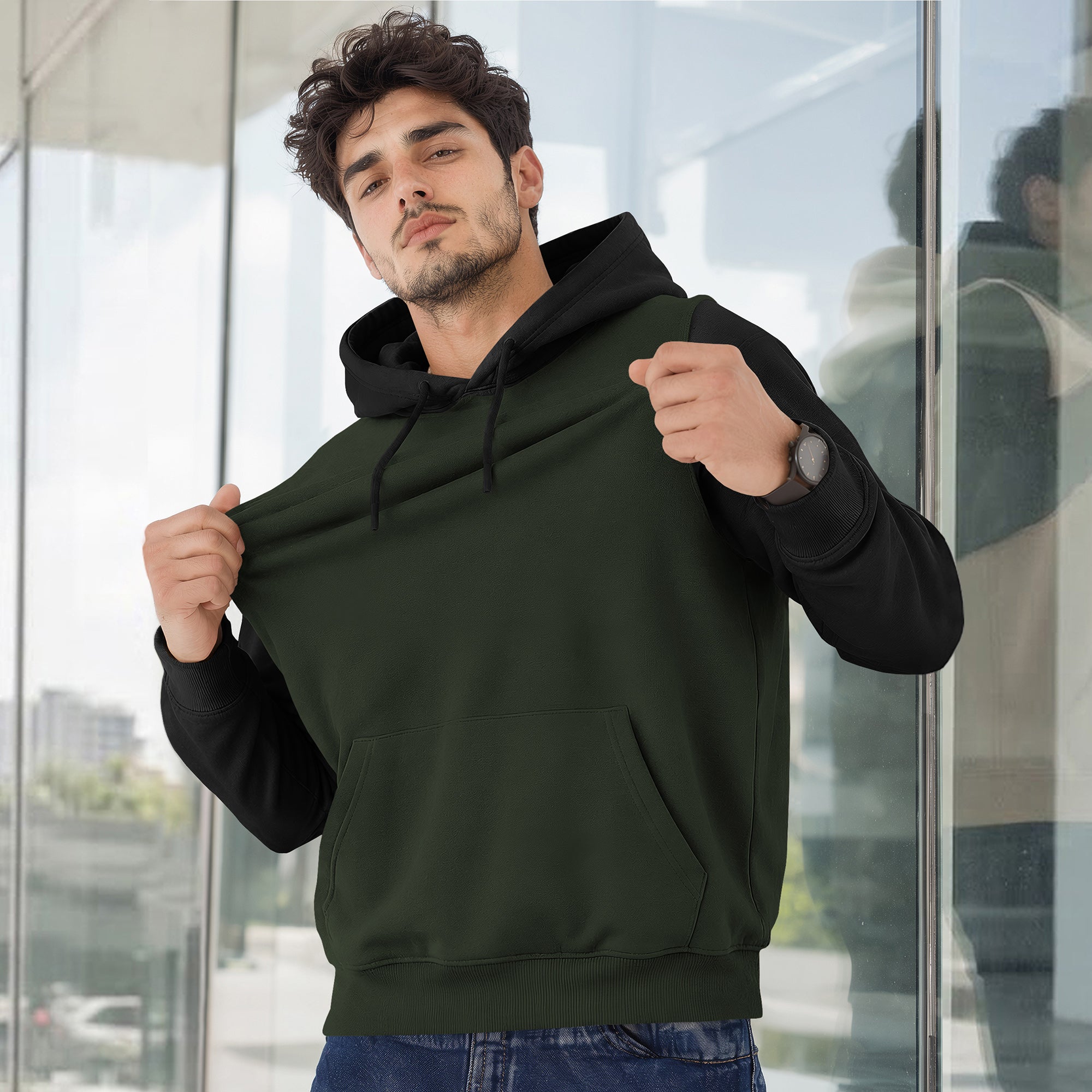 Mens Full Sleeve Two-Tone Casual Pullover Hoodie Olivegreen