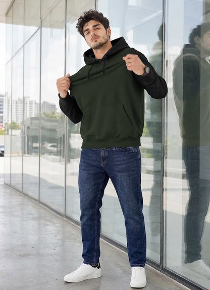Mens Full Sleeve Two-Tone Casual Pullover Hoodie Olivegreen