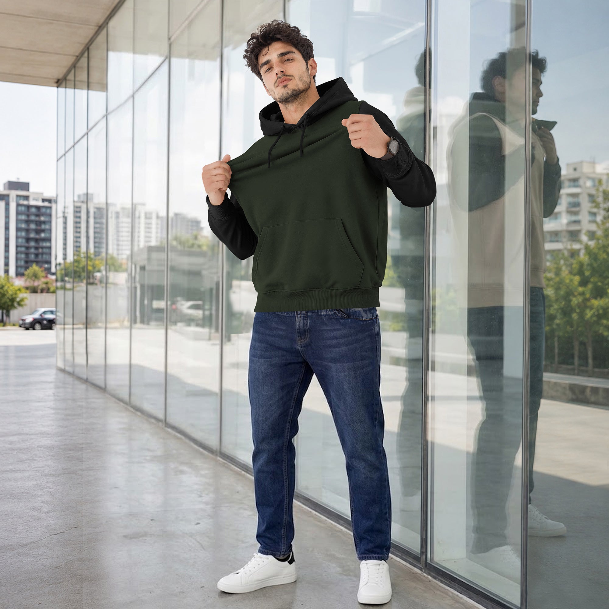 Mens Full Sleeve Two-Tone Casual Pullover Hoodie Olivegreen