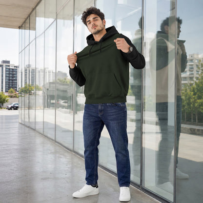 Mens Full Sleeve Two-Tone Casual Pullover Hoodie Olivegreen