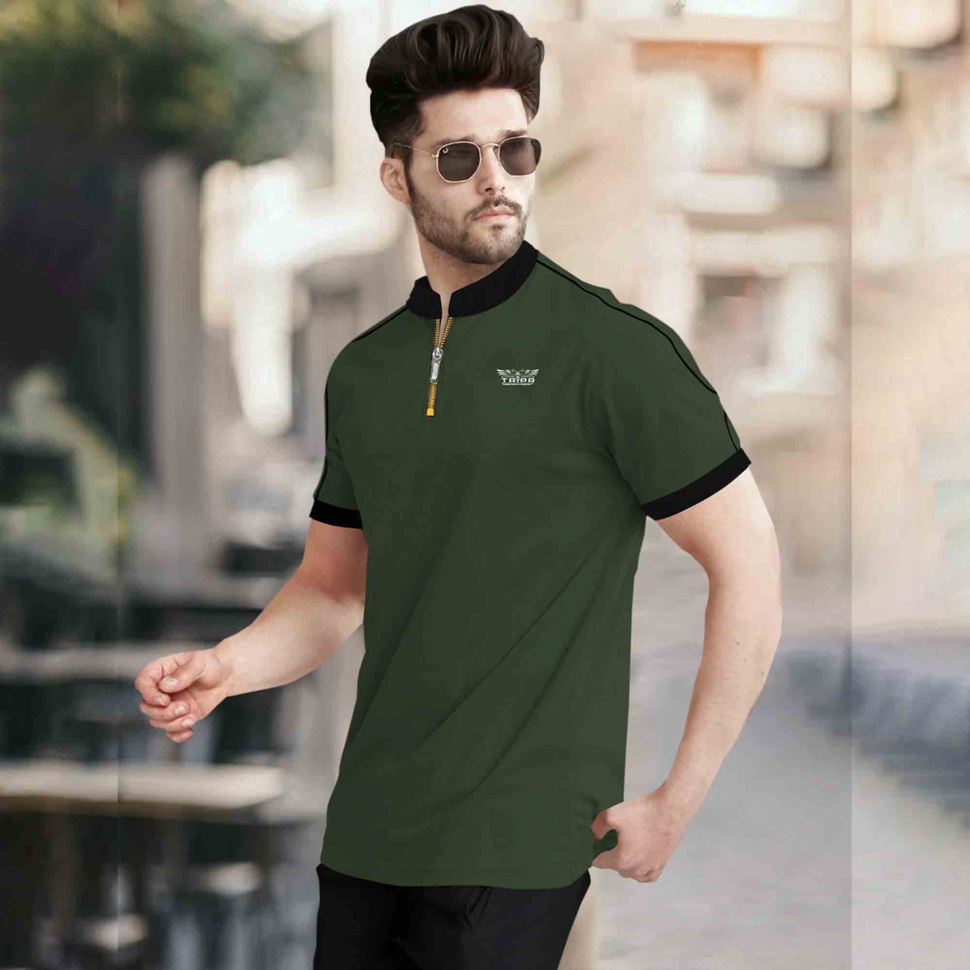 Mandarin Collar Quarter Zip Half Sleeve Tshirt Olivegreen