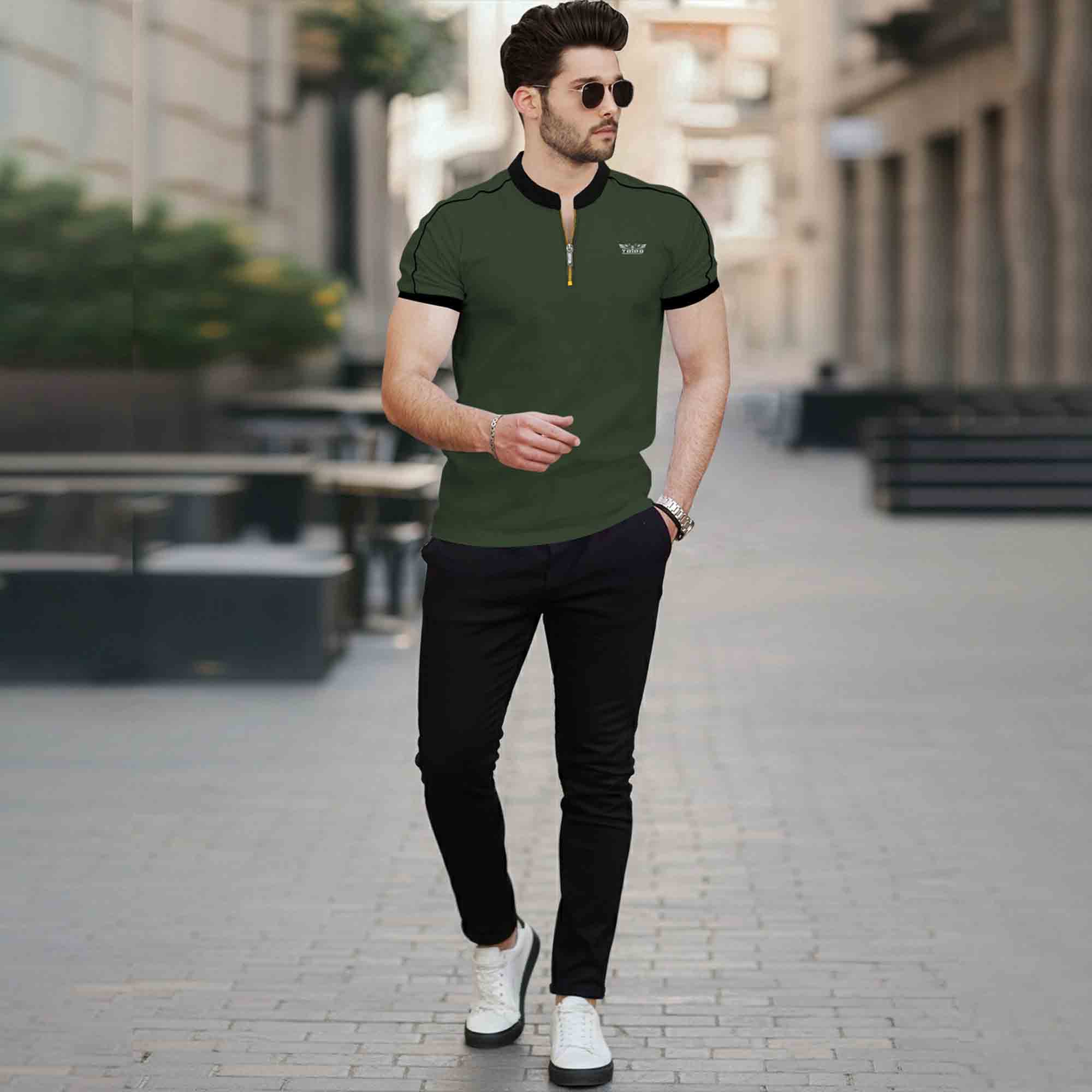 Mandarin Collar Quarter Zip Half Sleeve Tshirt Olivegreen