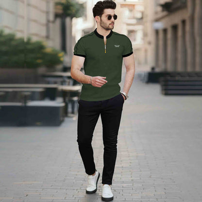 Mandarin Collar Quarter Zip Half Sleeve Tshirt Olivegreen