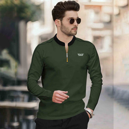 Mandarin Collar Quarter Zip Full Sleeve Tshirt Olivegreen