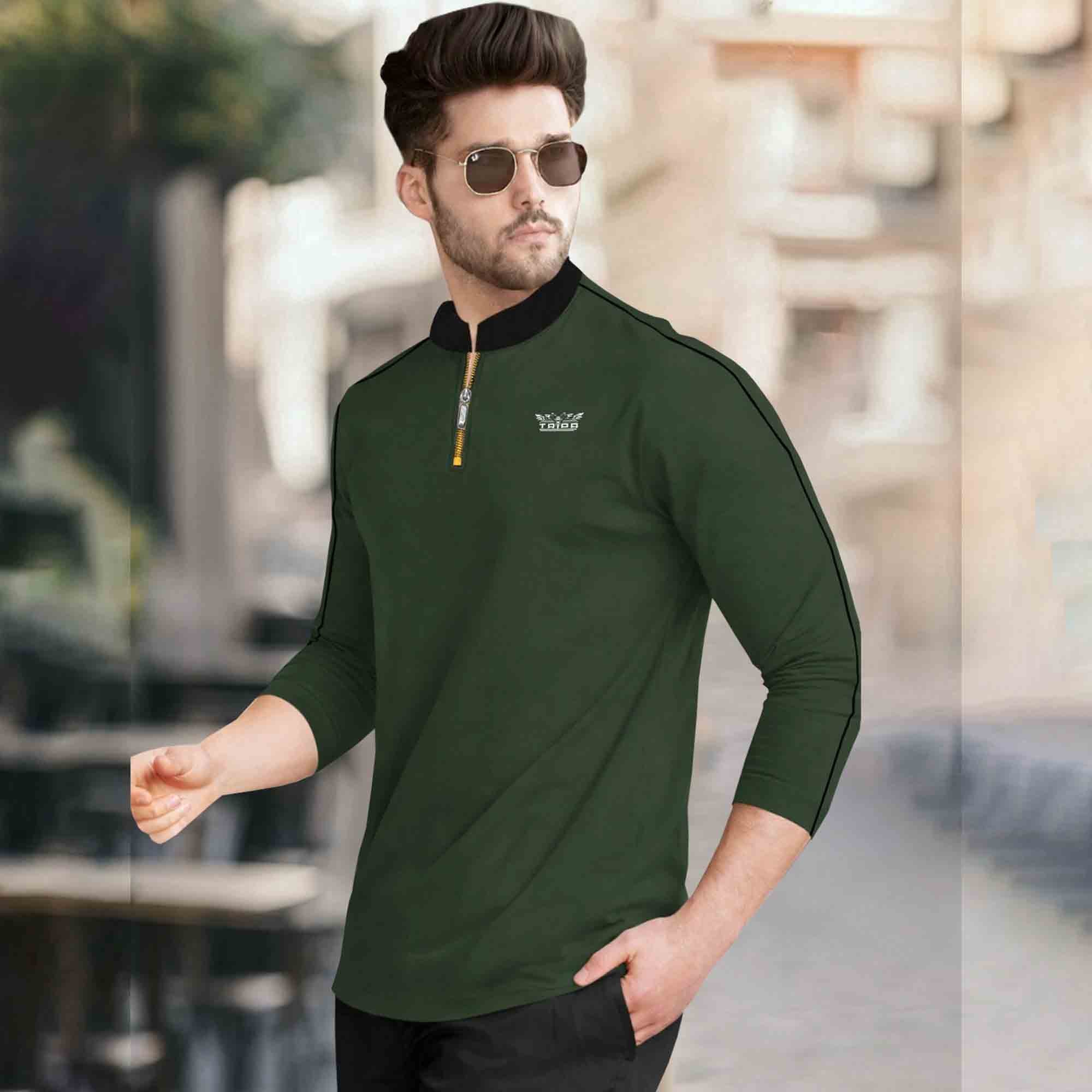 Mandarin Collar Quarter Zip Full Sleeve Tshirt Olivegreen