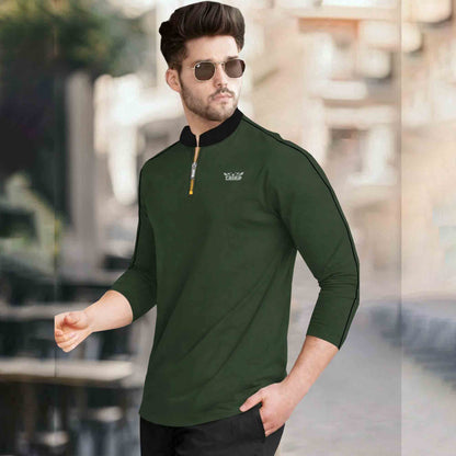 Mandarin Collar Quarter Zip Full Sleeve Tshirt Olivegreen
