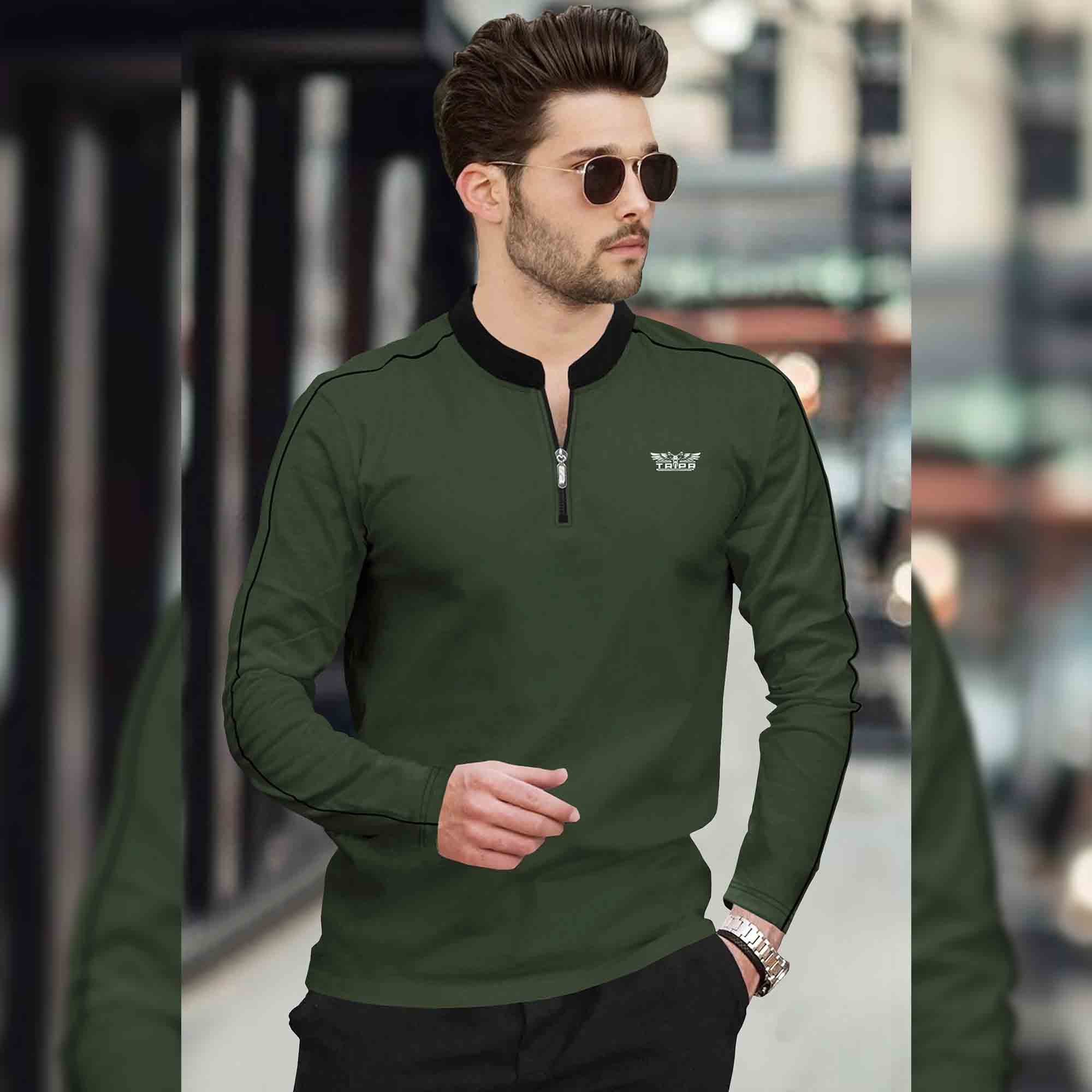 Men Mandarin Collar Long Sleeve Olive Green T-Shirt