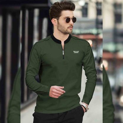 Men Mandarin Collar Long Sleeve Olive Green T-Shirt