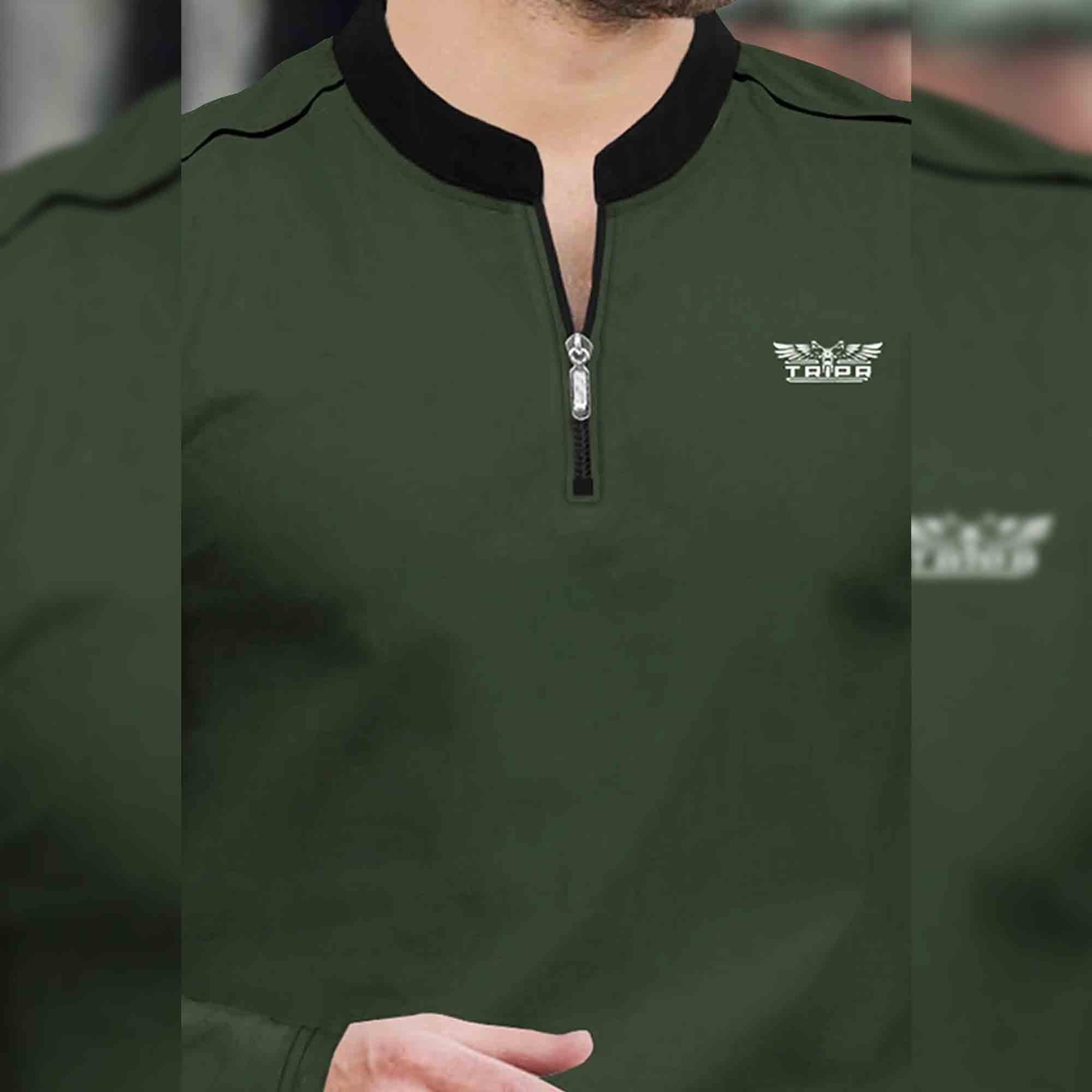 Men Mandarin Collar Long Sleeve Olive Green T-Shirt