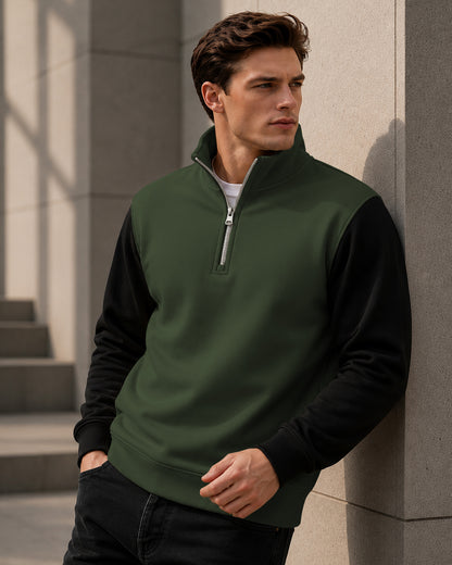 Colorblocked Quarter Zip Neck Full Sleeve Sweatshirt Olivegreen