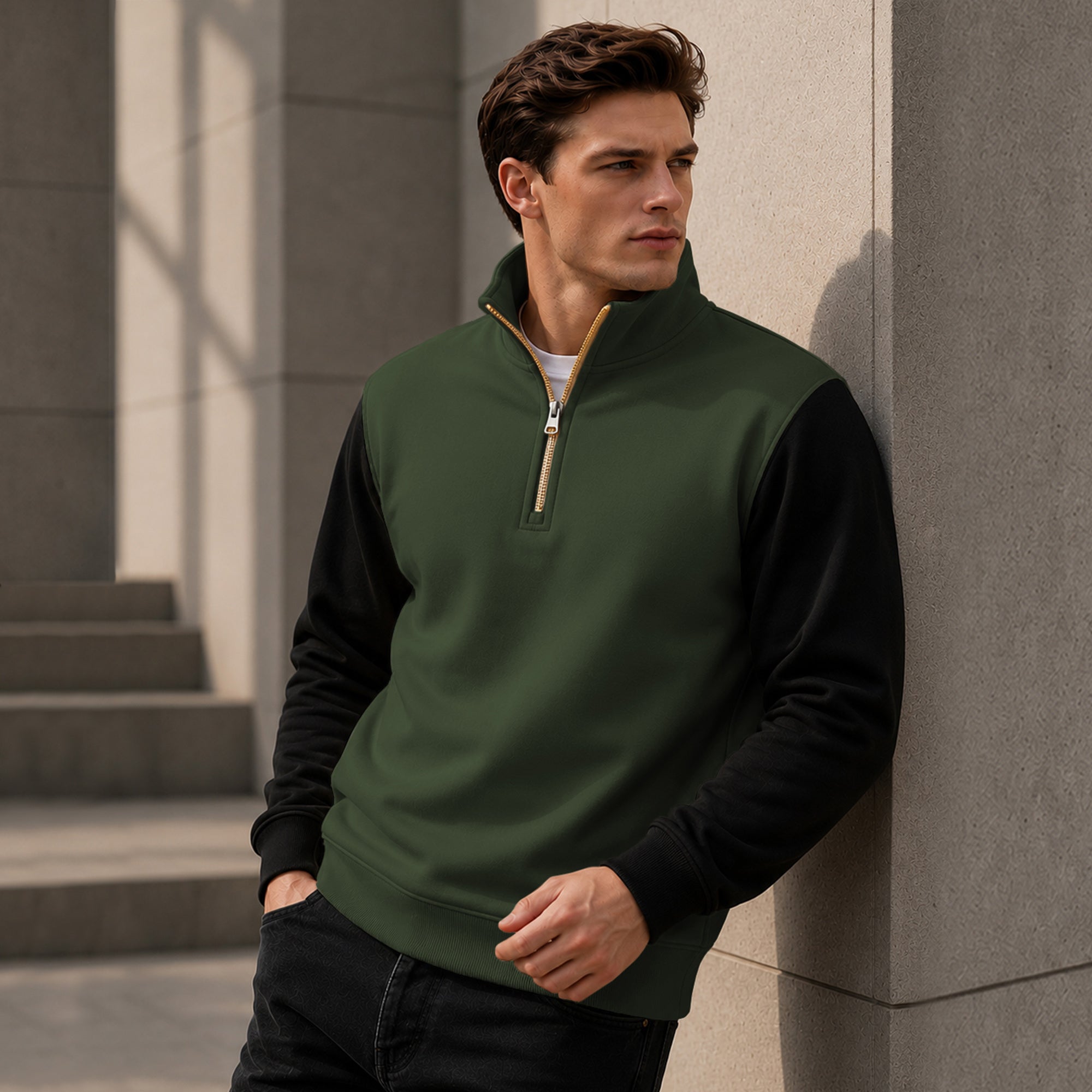 Colorblocked Quarter Zip Neck Full Sleeve Sweatshirt Olivegreen