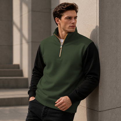 Colorblocked Quarter Zip Neck Full Sleeve Sweatshirt Olivegreen