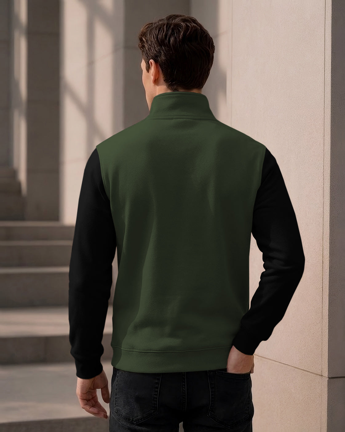 Colorblocked Quarter Zip Neck Full Sleeve Sweatshirt Olivegreen